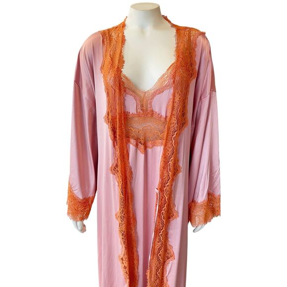 Victoria’s Secret Pink and Orange Lace Long Robe and Slip Set Large/XL - Picture 7 of 16